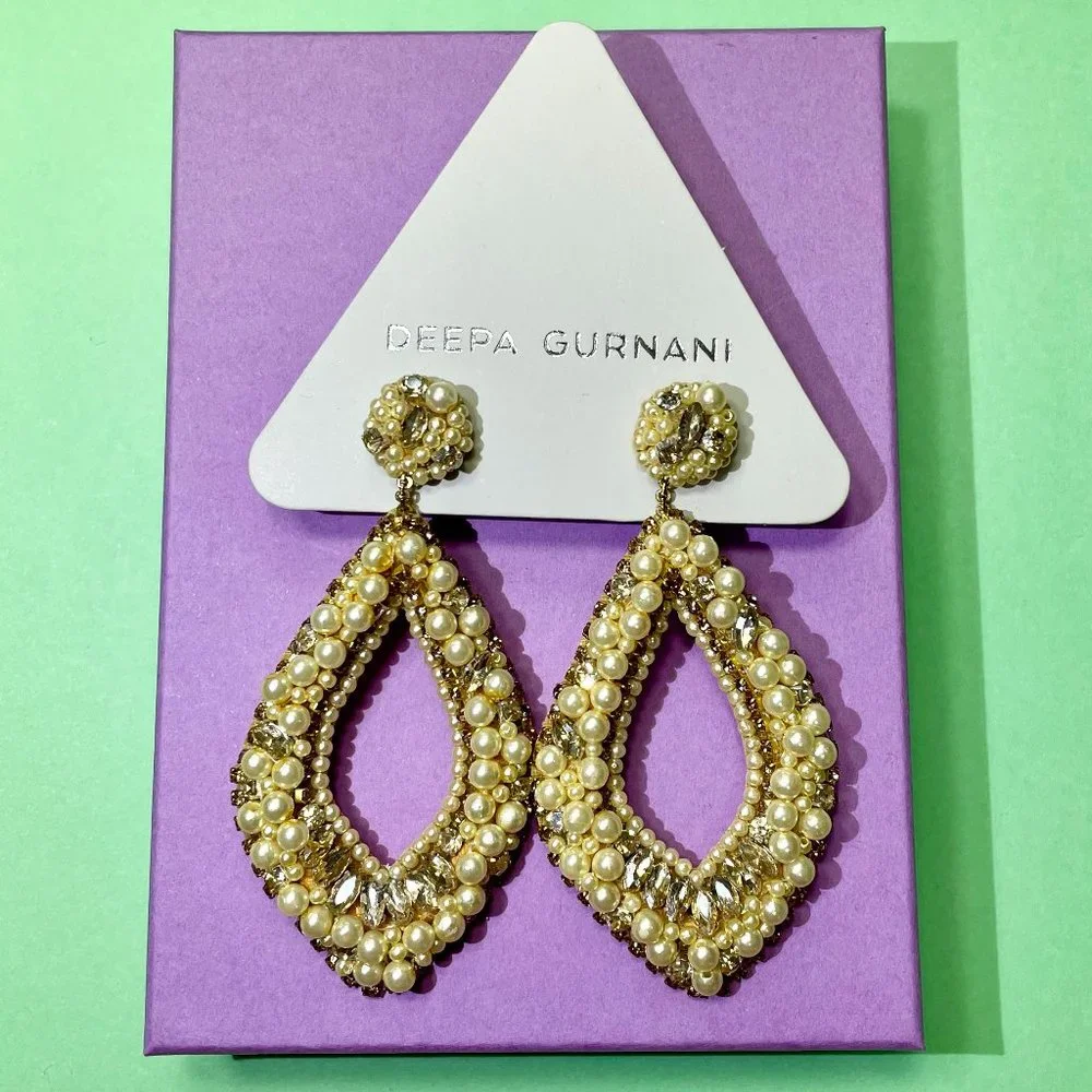Deepa Gurnani Pearl & Rhinestone Statement Chandelier Earrings Ivory NWT - Picture 9 of 14